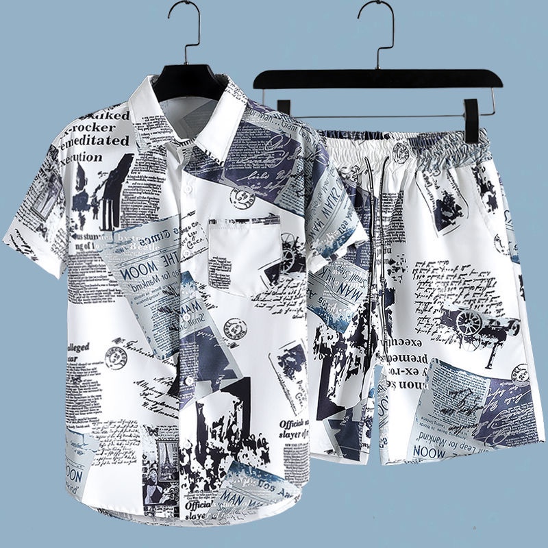 Beach Shirt Hawaiian - Heren 2-delige set met krantenprint: shirt