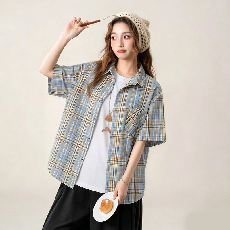 Yellow Summer Clothing - Y2K Nieuwe zomercollectie Blauwgeel geruit overhemd